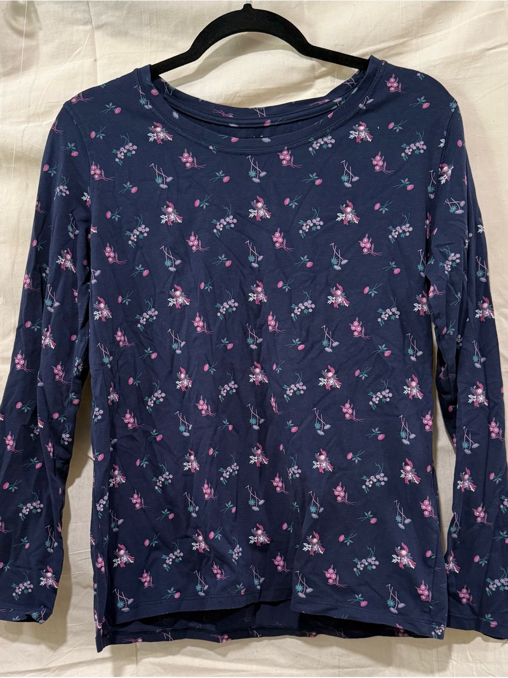 Women's Navy Long Sleeve Floral Tee - Pink/Blue Print